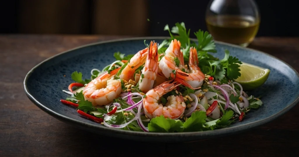 lotus salad with grilled jumbo prawn