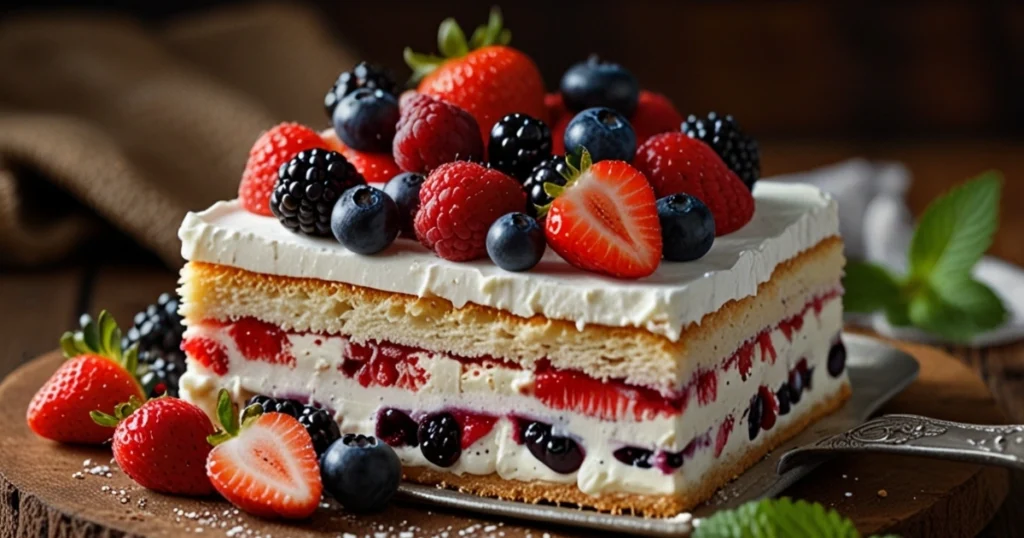 berry ice box cake with angel food cake